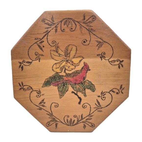 Vintage Pyrography Octagonal Wood Trivet Cardinal Flower Scrollwork 11" - Picture 5 of 5